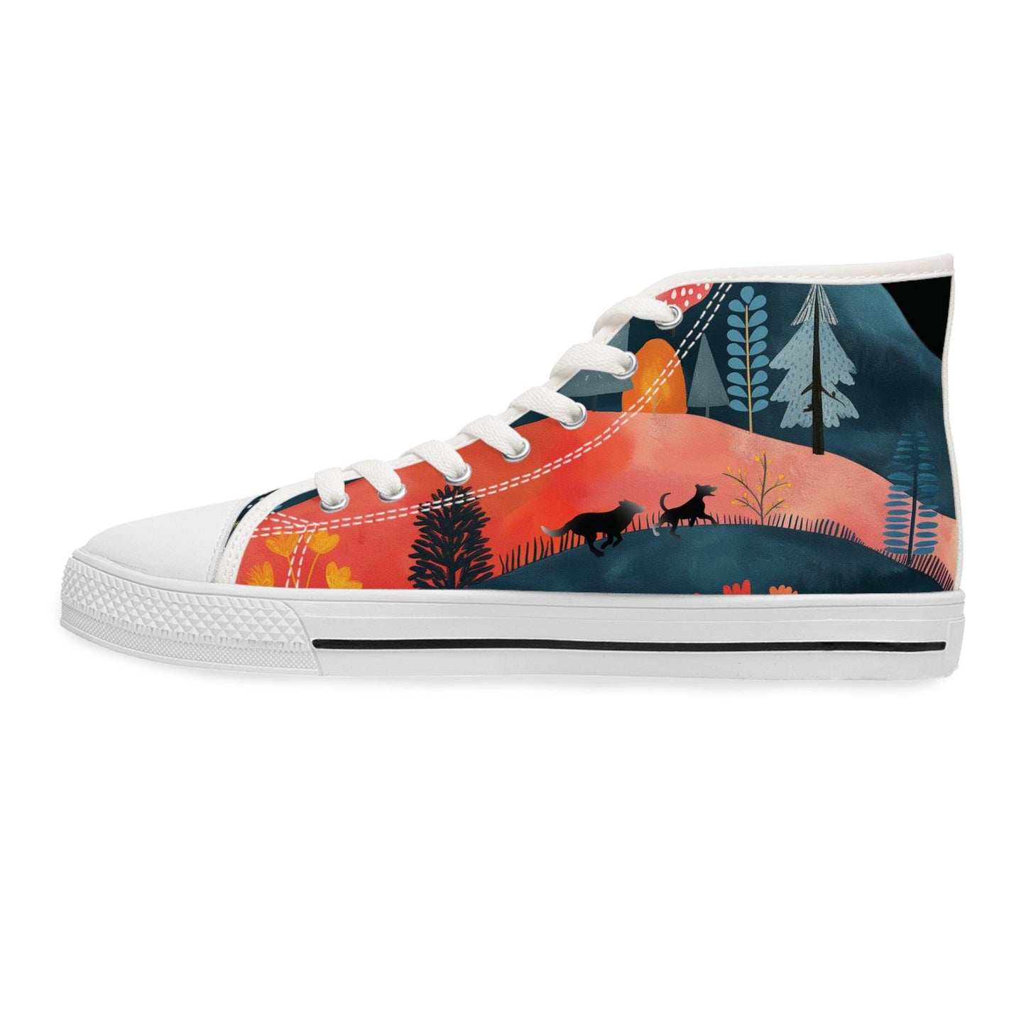 Women's High-Top Trainers featuring Cottage Core Style Dogs Running Free Design - Hobbster