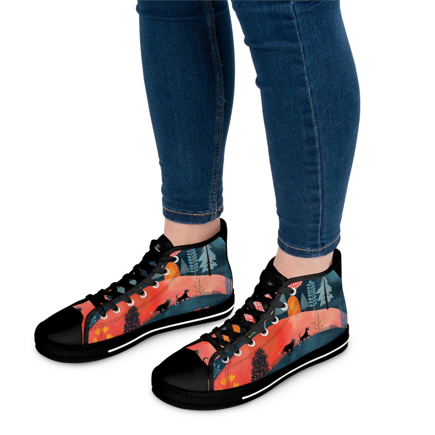Women's High-Top Trainers featuring Cottage Core Style Dogs Running Free Design - Hobbster