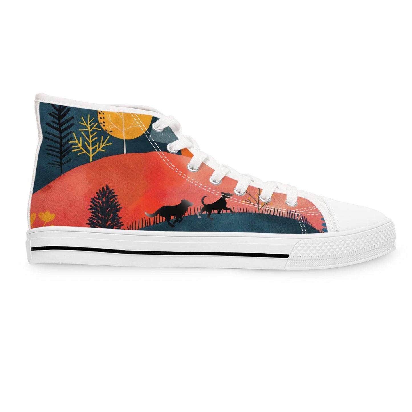 Women's High-Top Trainers featuring Cottage Core Style Dogs Running Free Design - Hobbster