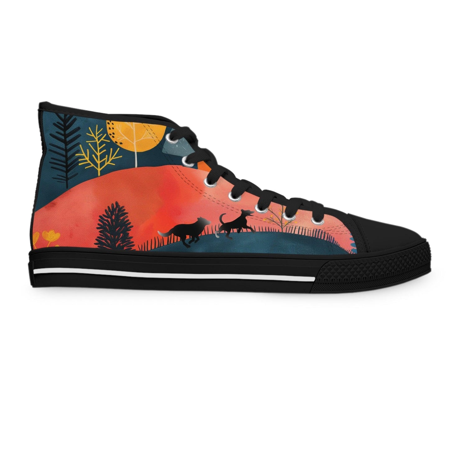 Women's High-Top Trainers featuring Cottage Core Style Dogs Running Free Design - Hobbster