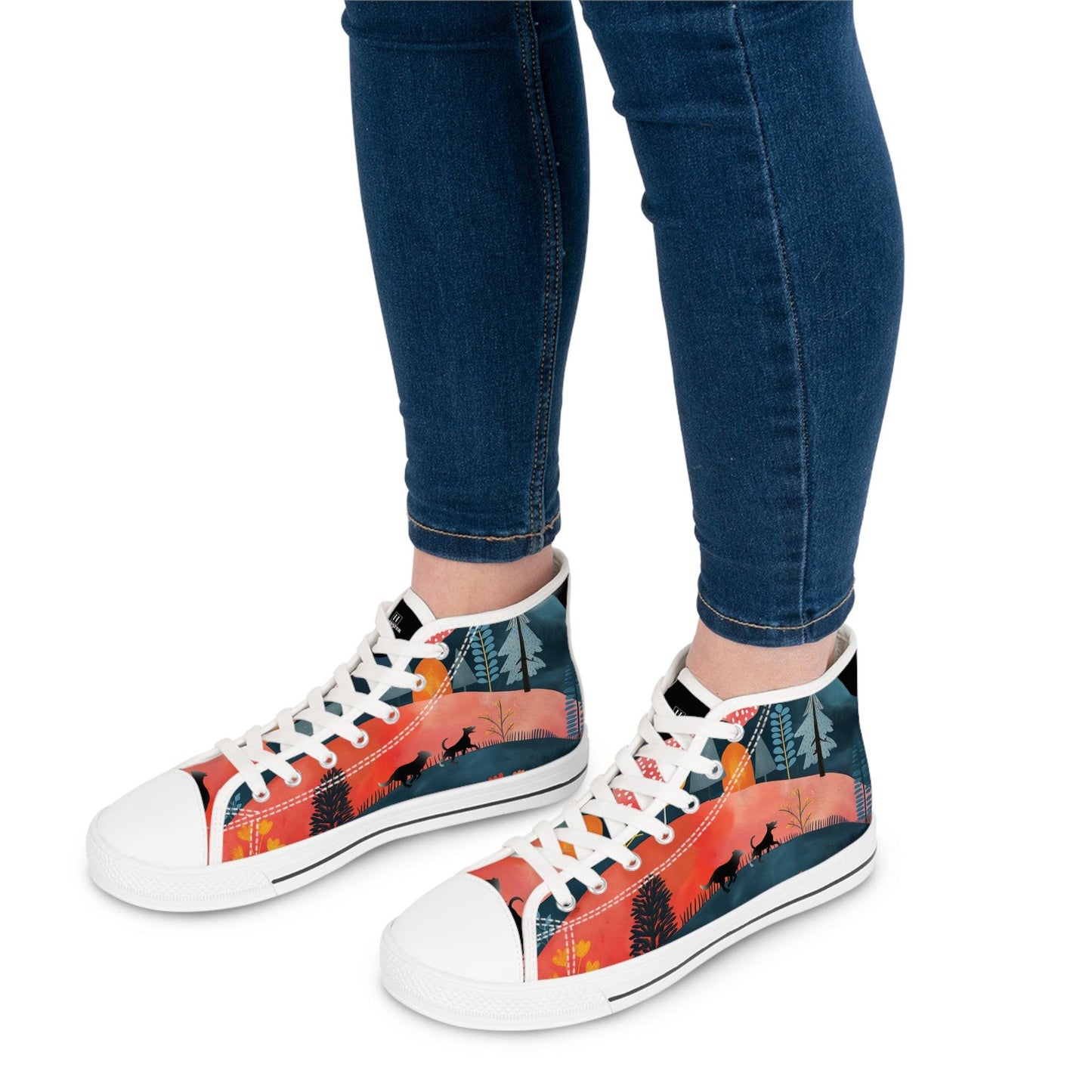 Women's High-Top Trainers featuring Cottage Core Style Dogs Running Free Design - Hobbster