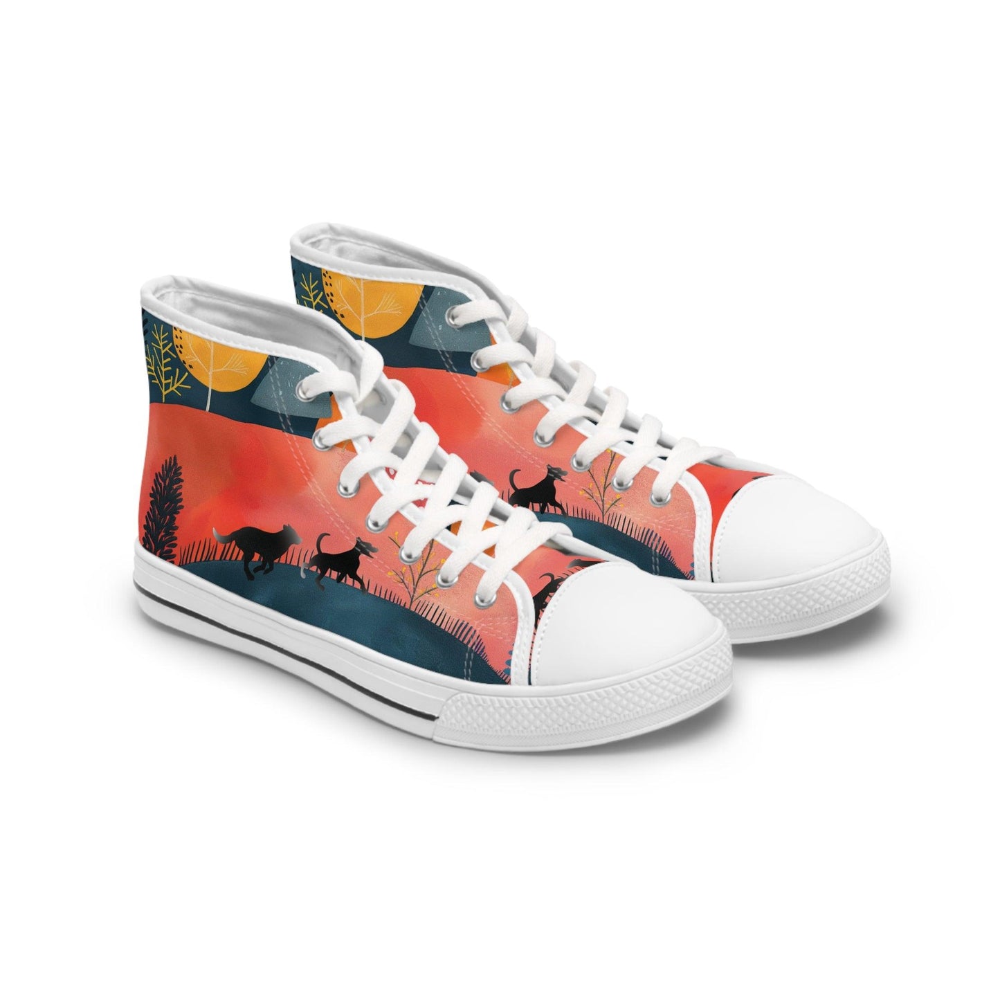 Women's High-Top Trainers featuring Cottage Core Style Dogs Running Free Design - Hobbster