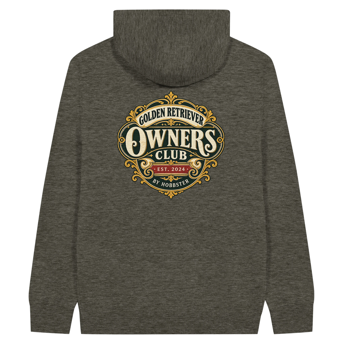 Golden Retriever Owners Club men's zip hoodie in Charcoal Heather, back view with the Golden Retriever crest