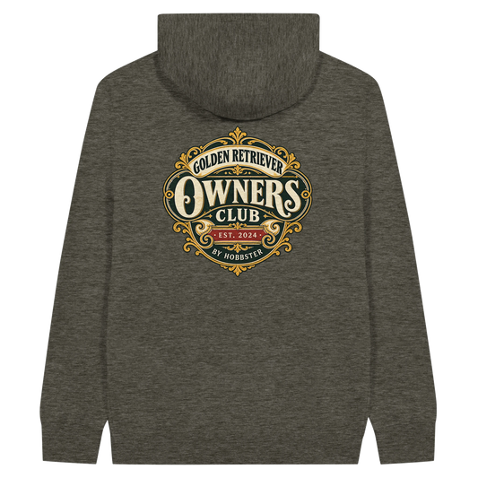 Golden Retriever Owners Club men's zip hoodie in Charcoal Heather, back view with the Golden Retriever crest
