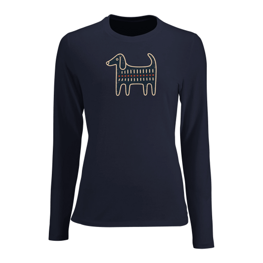 Retro Folk-Art Blue Dog Women's Long Sleeve T-shirt - Hobbster