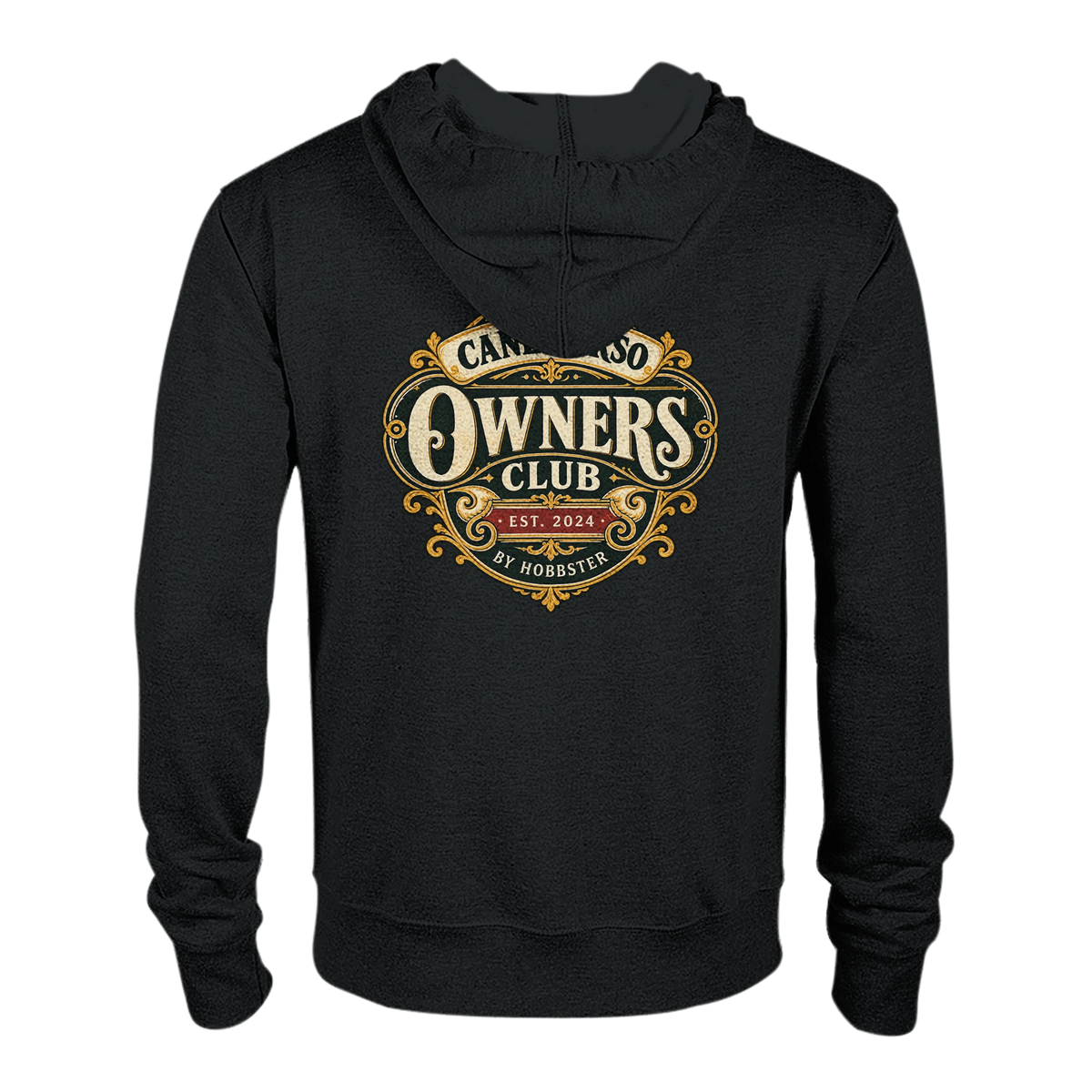 Cane Corso Owners Club women's zip hoodie in Black, back view with the Cane Corso crest