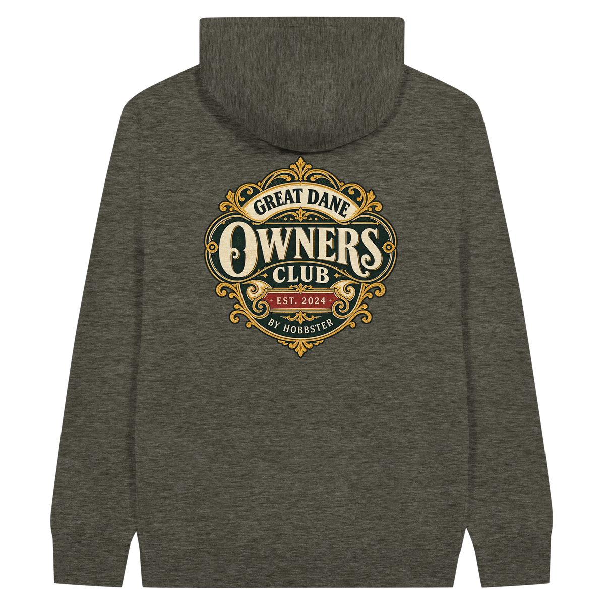 Great Dane Owners Club men's zip hoodie in Charcoal Heather, back view with the Great Dane crest
