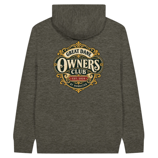 Great Dane Owners Club men's zip hoodie in Charcoal Heather, back view with the Great Dane crest