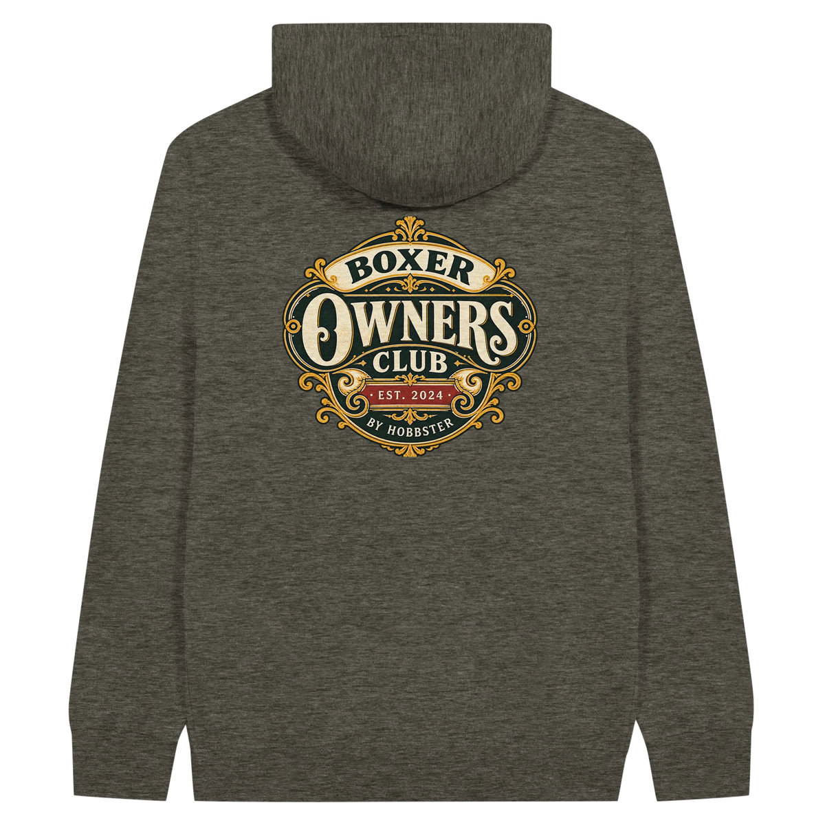 Boxer Owners Club men's zip hoodie in Charcoal Heather, back view with the Boxer crest
