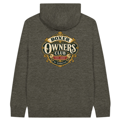 Boxer Owners Club men's zip hoodie in Charcoal Heather, back view with the Boxer crest