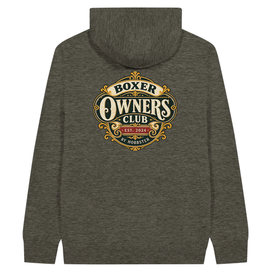 Boxer Owners Club men's zip hoodie in Charcoal Heather, back view with the Boxer crest