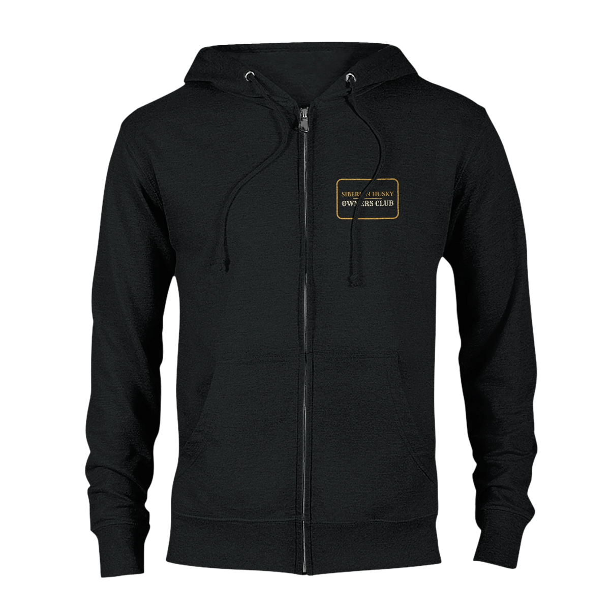 Siberian Husky Owners Club women's zip hoodie in Black, front view with the gold-outlined chest badge