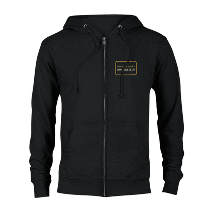Siberian Husky Owners Club women's zip hoodie in Black, front view with the gold-outlined chest badge