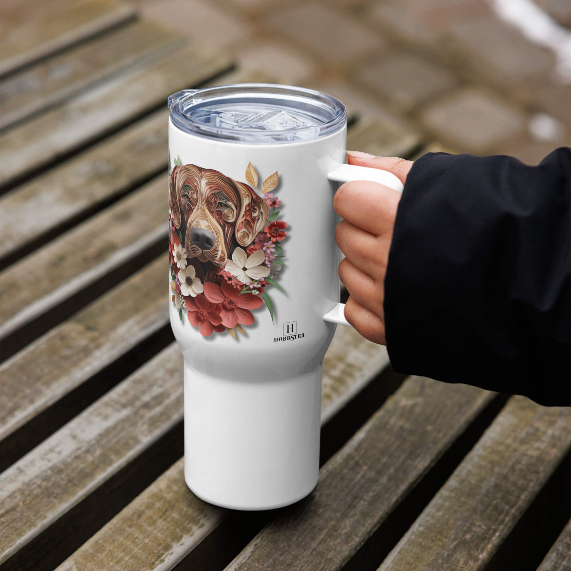25oz Travel Mug with a Handle - Rhodesian Ridgeback Paper Quilling Design - Hobbster