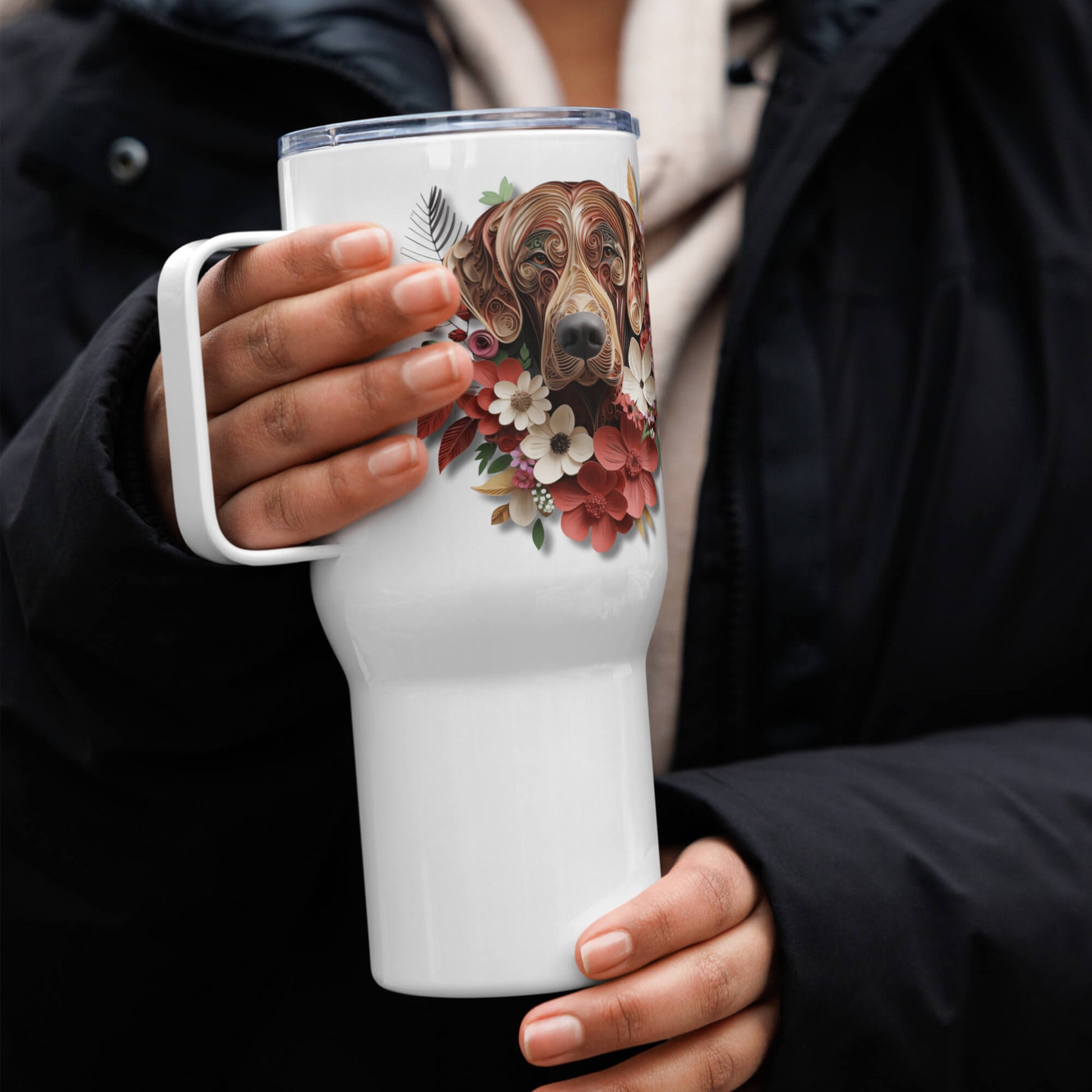 25oz Travel Mug with a Handle - Rhodesian Ridgeback Paper Quilling Design - Hobbster