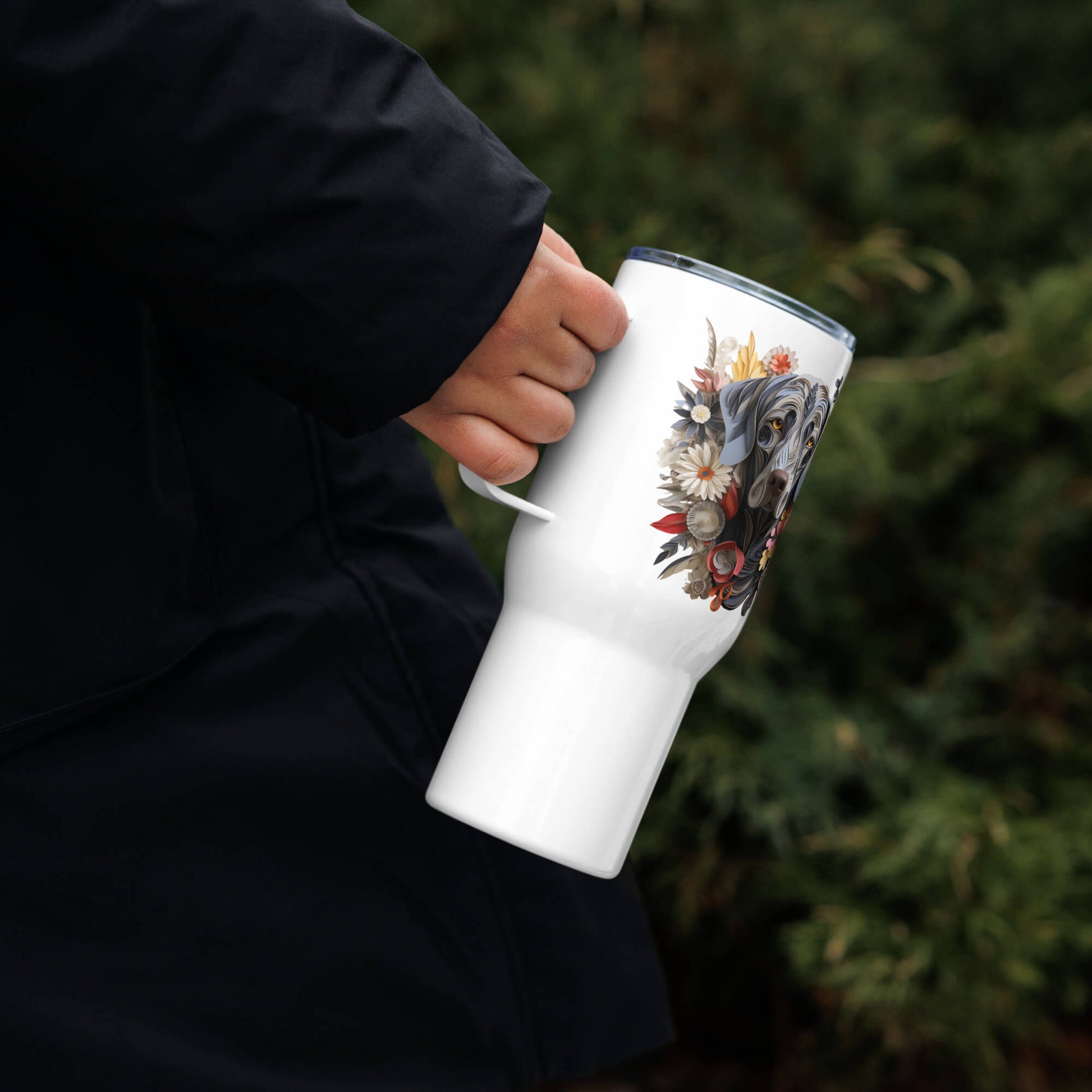 25oz Travel Mug with a Handle - Weimaraner Paper Quilling Design - Hobbster