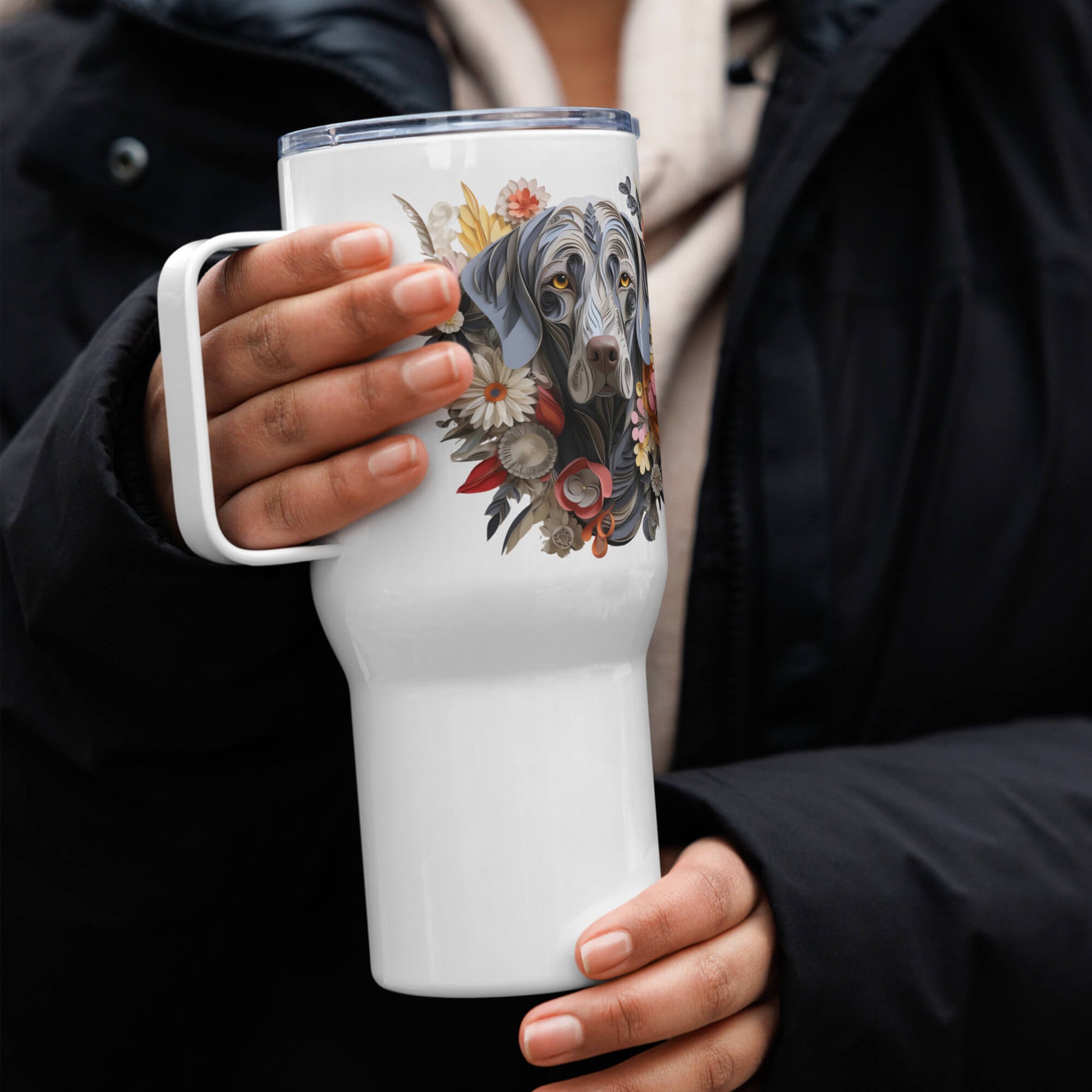 25oz Travel Mug with a Handle - Weimaraner Paper Quilling Design - Hobbster