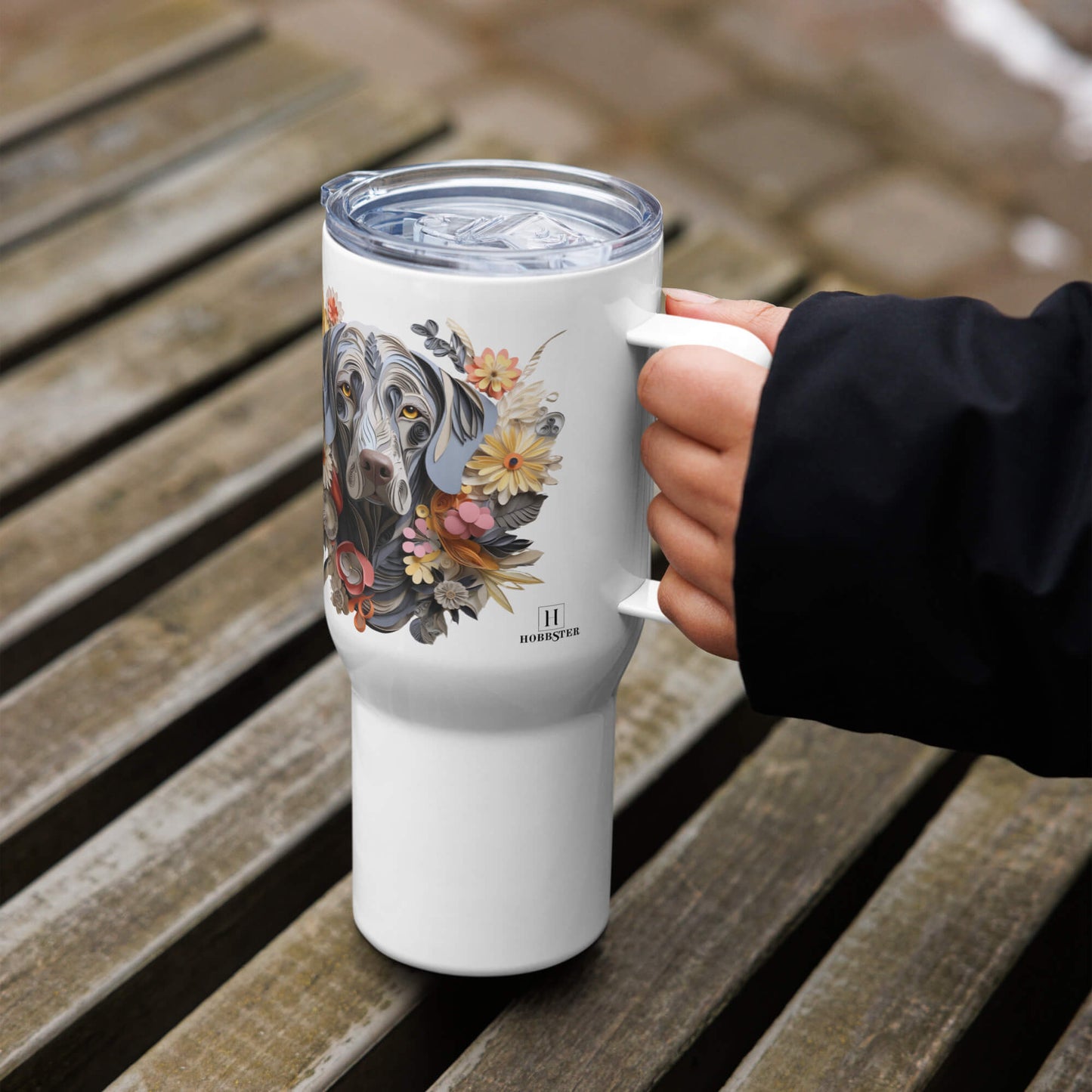 25oz Travel Mug with a Handle - Weimaraner Paper Quilling Design - Hobbster