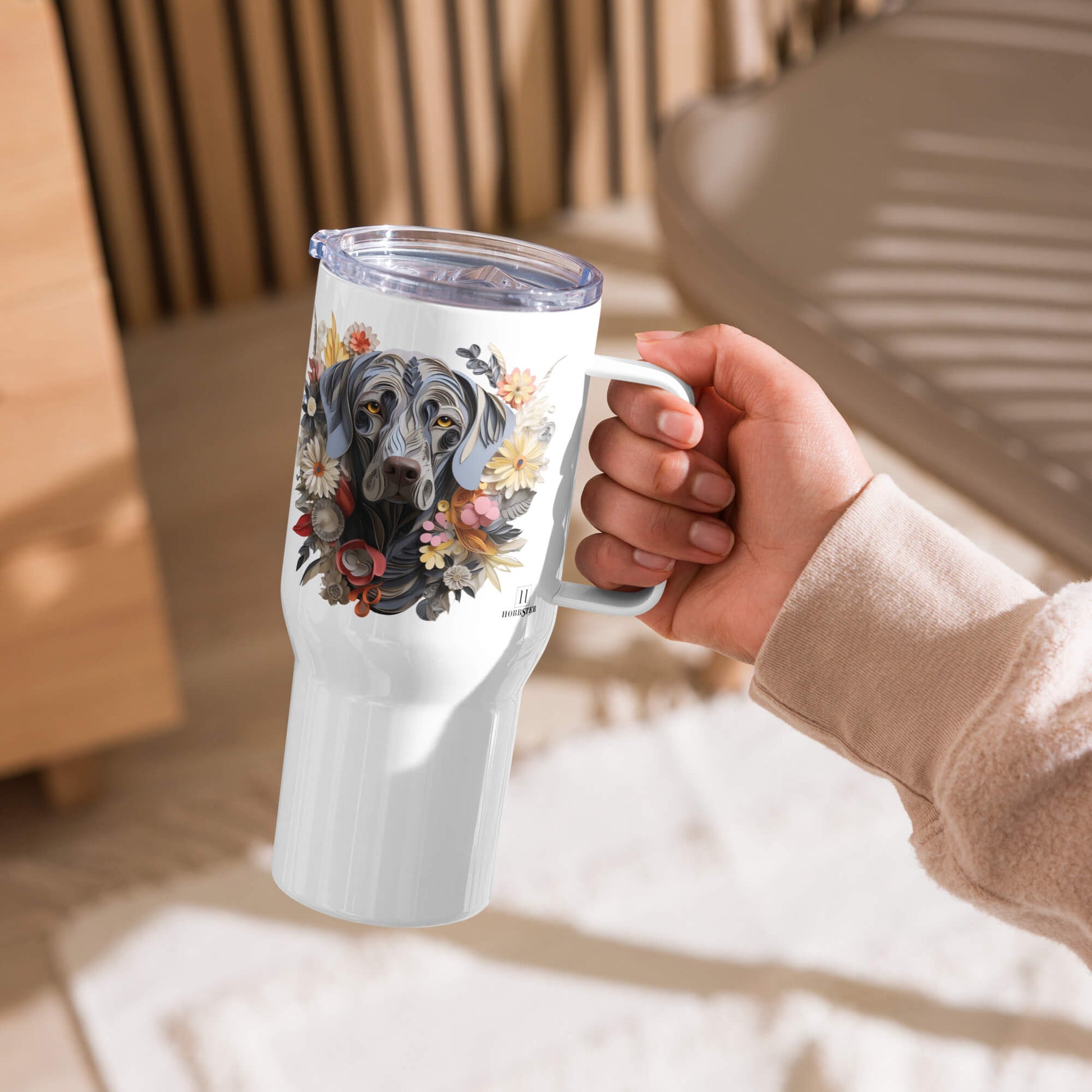 25oz Travel Mug with a Handle - Weimaraner Paper Quilling Design - Hobbster