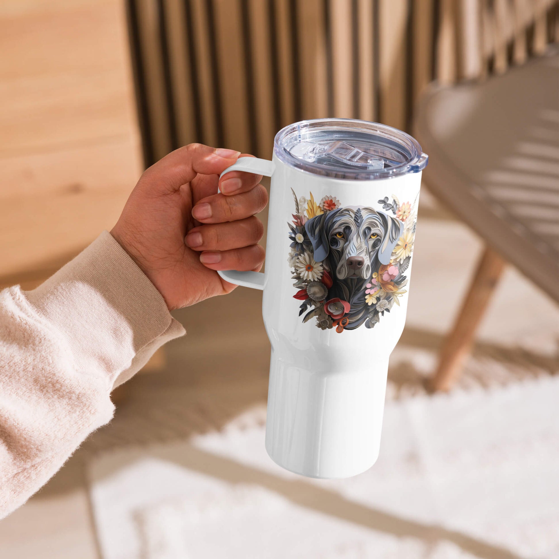 25oz Travel Mug with a Handle - Weimaraner Paper Quilling Design - Hobbster