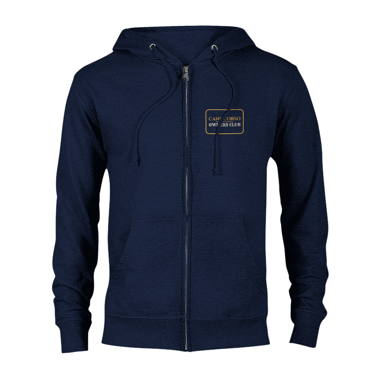 Cane Corso Owners Club women's zip hoodie in Navy, front view with the gold-outlined chest badge