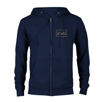 Cane Corso Owners Club women's zip hoodie in Navy, front view with the gold-outlined chest badge