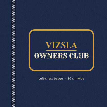 Close-up of the gold-outlined Vizsla Owners Club badge on the left chest of the men's zip hoodie