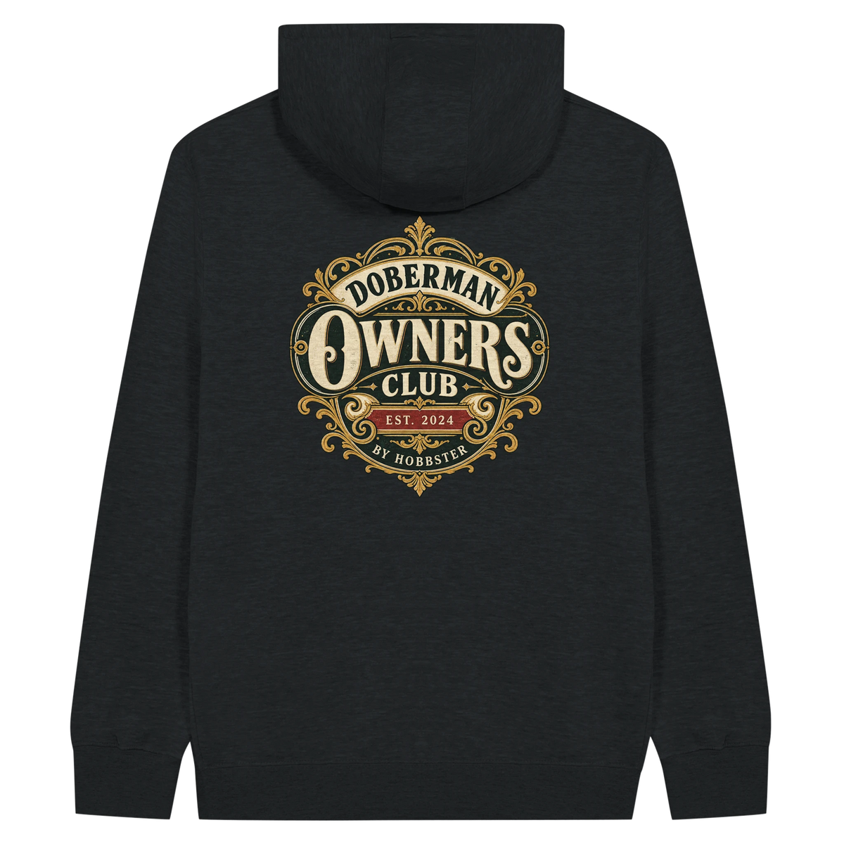 Doberman Owners Club men's zip hoodie in Black, back view with the Doberman crest