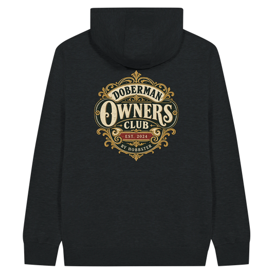 Doberman Owners Club men's zip hoodie in Black, back view with the Doberman crest