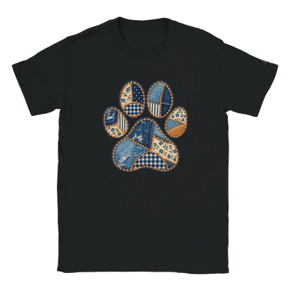 Faux Patchwork Club Women's T-shirt in Black with a patchwork paw print
