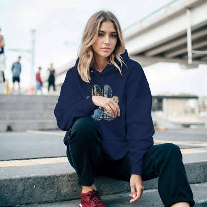 Woman sitting on steps wearing the Navy Faux Patchwork Dog Women's Pullover Hoodie