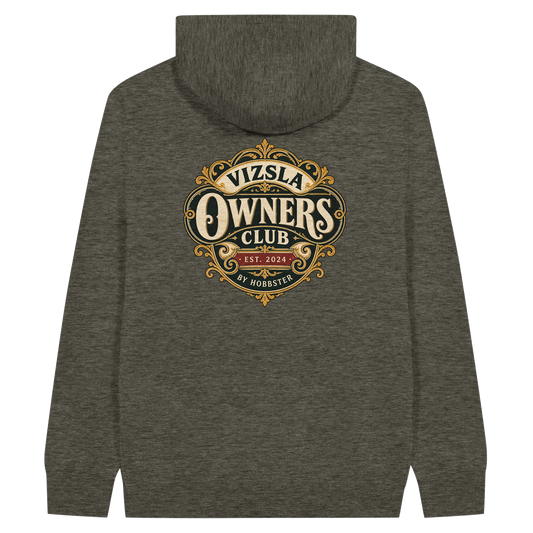Vizsla Owners Club men's zip hoodie in Charcoal Heather, back view with the Vizsla crest