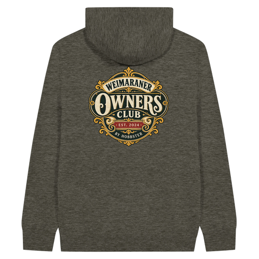 Weimaraner Owners Club men's zip hoodie in Charcoal Heather, back view with the Weimaraner crest