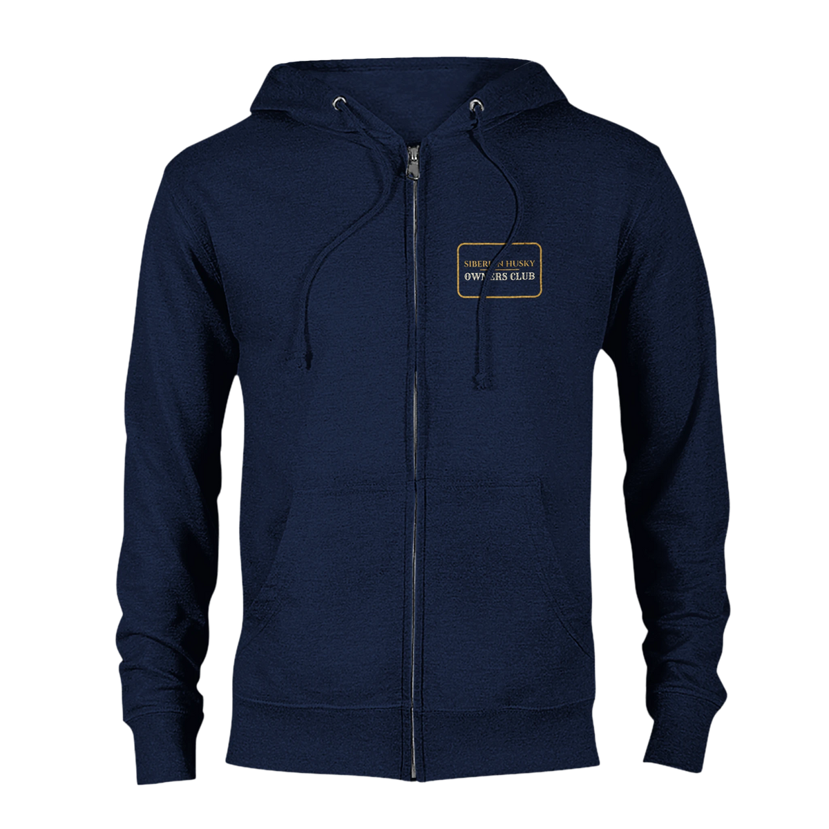 Siberian Husky Owners Club women's zip hoodie in Navy, front view with the gold-outlined chest badge