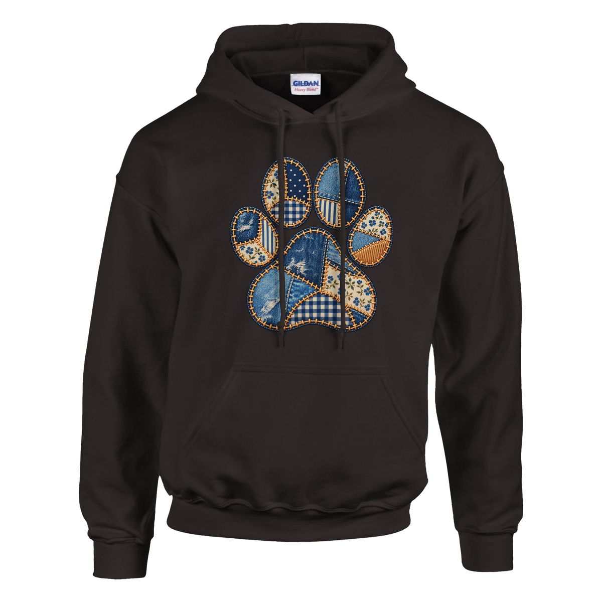 Faux Patchwork Dog Women's Pullover Hoodie in Dark Chocolate with a patchwork paw print
