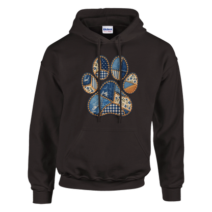 Faux Patchwork Dog Women's Pullover Hoodie in Dark Chocolate with a patchwork paw print