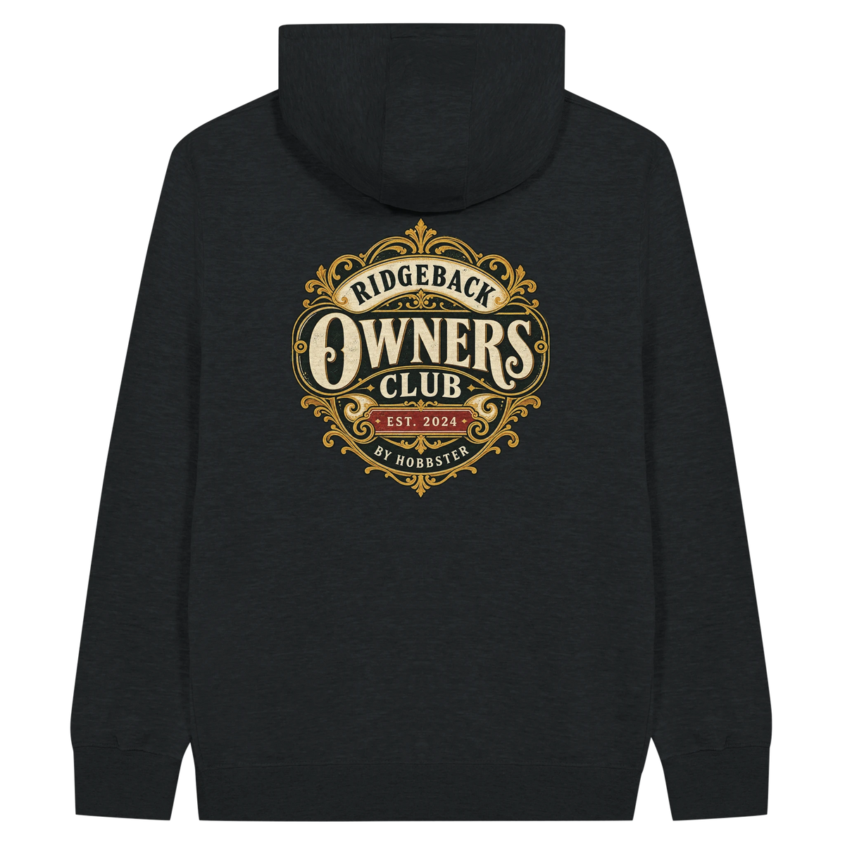 Rhodesian Ridgeback Owners Club men's zip hoodie in Black, back view with the Rhodesian Ridgeback crest