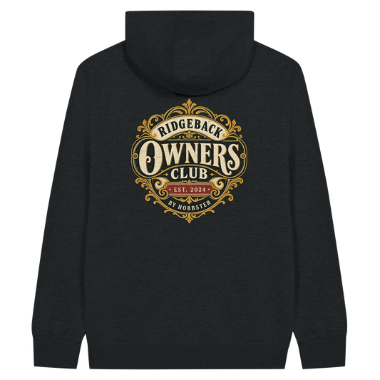 Rhodesian Ridgeback Owners Club men's zip hoodie in Black, back view with the Rhodesian Ridgeback crest