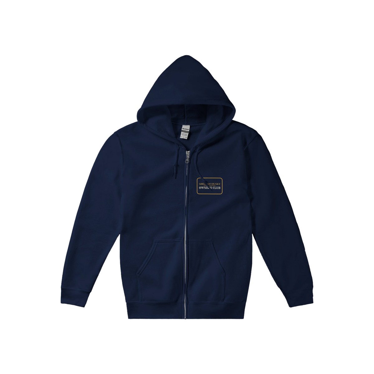 Siberian Husky Owners Club women's zip hoodie in Navy, front view with the gold-outlined chest badge