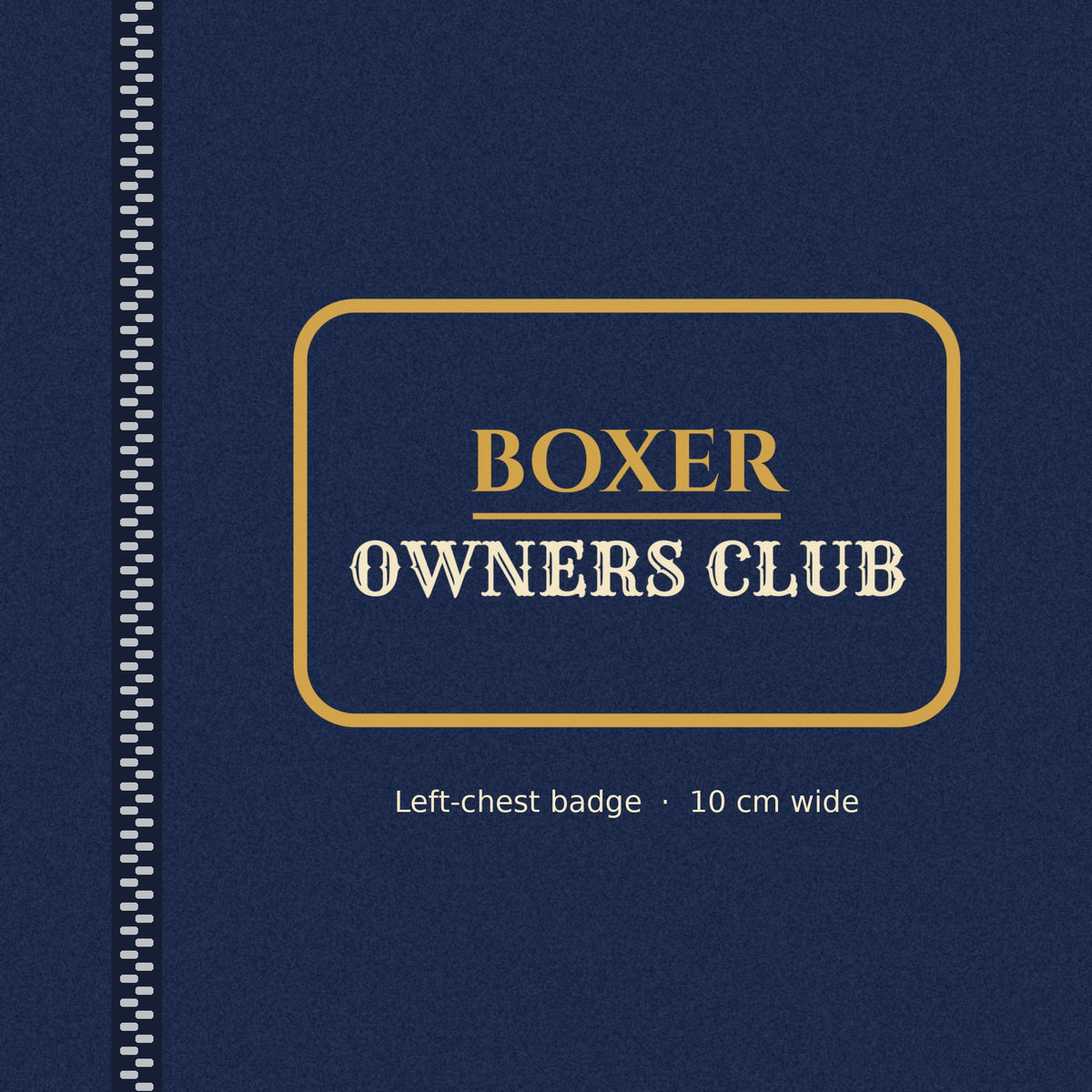 Close-up of the gold-outlined Boxer Owners Club badge on the left chest of the men's zip hoodie