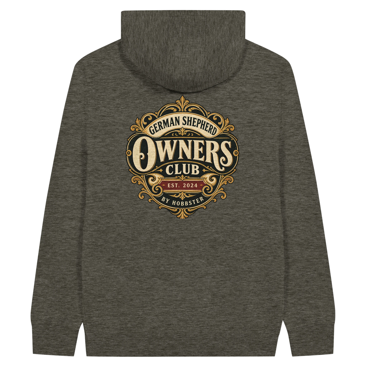 German Shepherd Owners Club men's zip hoodie in Charcoal Heather, back view with the German Shepherd crest