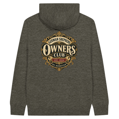 German Shepherd Owners Club men's zip hoodie in Charcoal Heather, back view with the German Shepherd crest