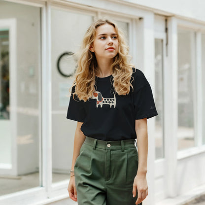 Woman in the black Kawaii Dog T-shirt and green trousers