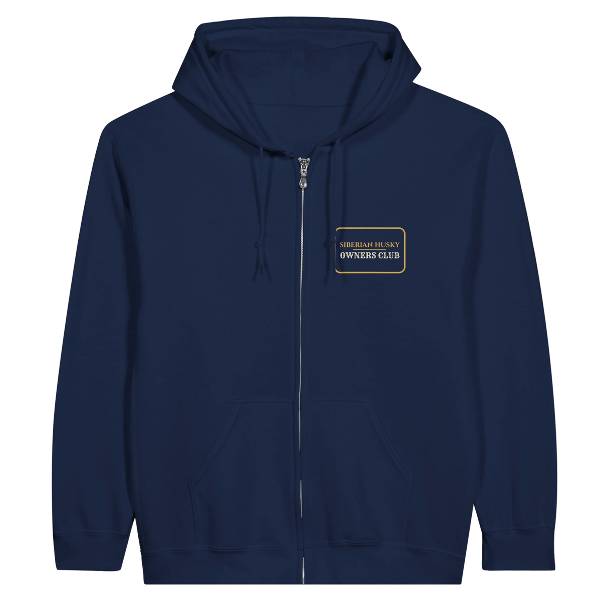 Siberian Husky Owners Club women's zip hoodie in Navy, front view with the gold-outlined chest badge