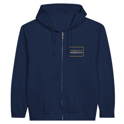 Siberian Husky Owners Club women's zip hoodie in Navy, front view with the gold-outlined chest badge