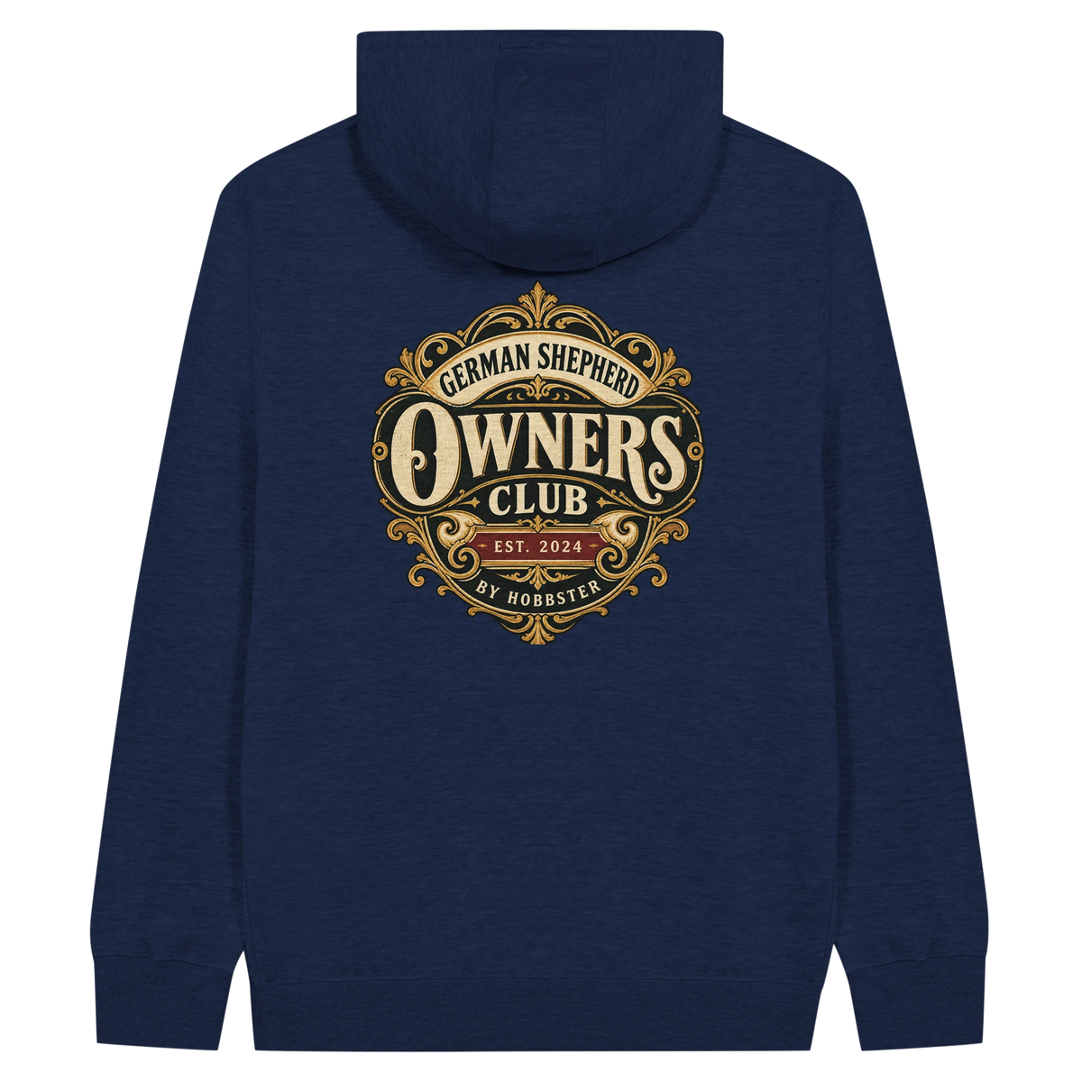 German Shepherd Owners Club men's zip hoodie in Navy, back view with the German Shepherd crest