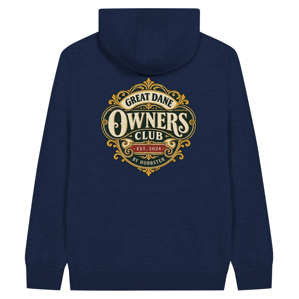 Great Dane Owners Club men's zip hoodie in Navy, back view with the Great Dane crest