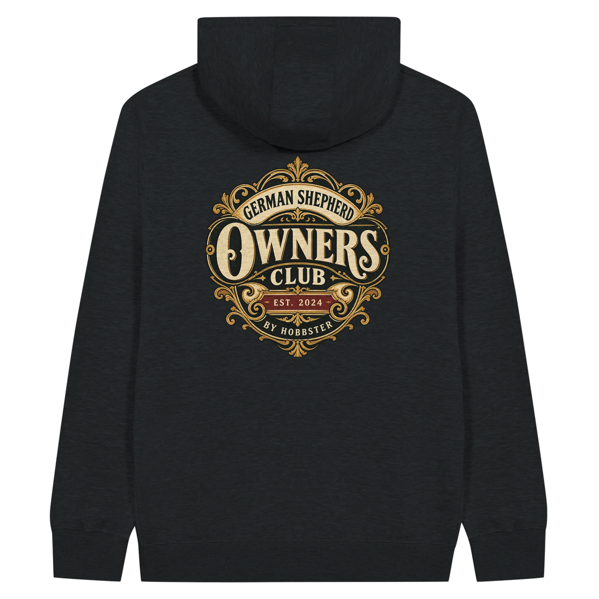 German Shepherd Owners Club men's zip hoodie in Black, back view with the German Shepherd crest