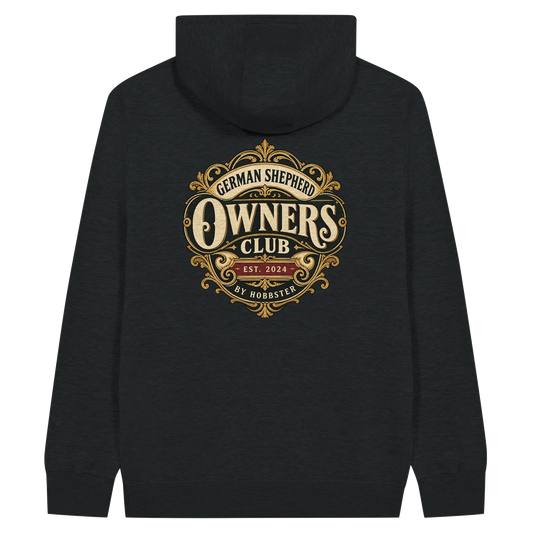 German Shepherd Owners Club men's zip hoodie in Black, back view with the German Shepherd crest