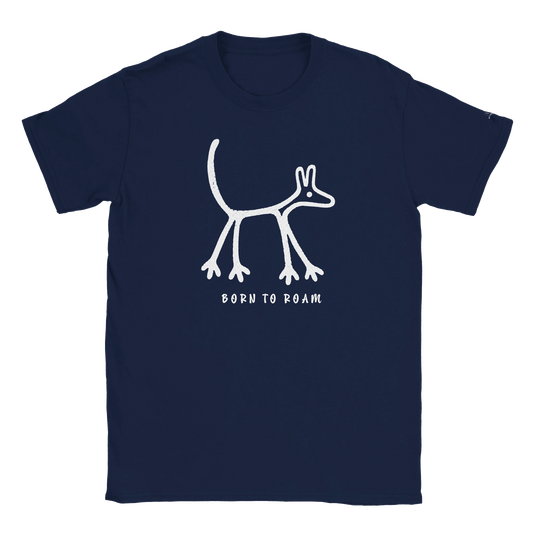 Navy Born To Roam men's T-shirt with a white dog geoglyph print, flat lay